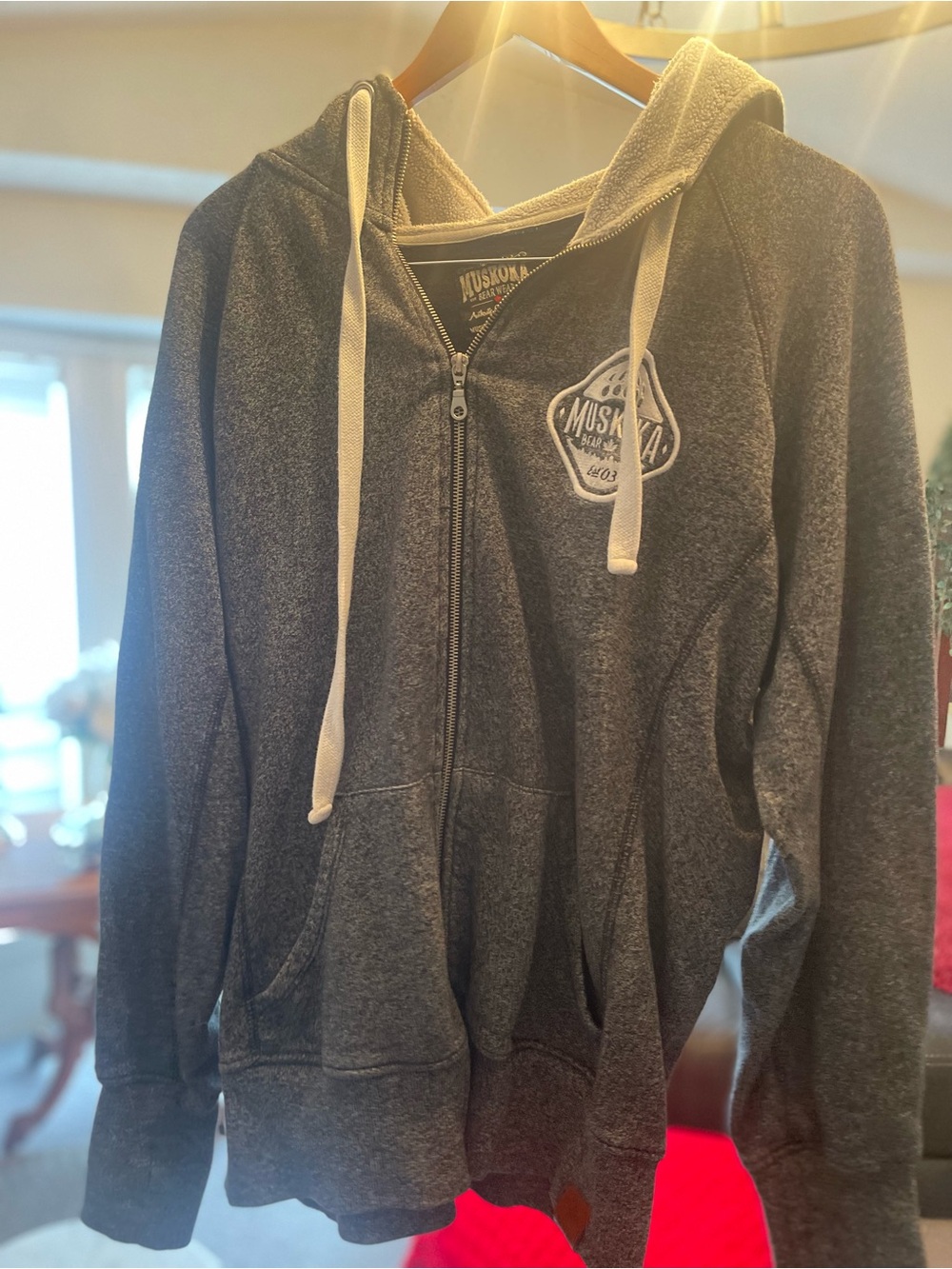 Muskoka Dark Gray Zip-Up Hoodie with Cream Drawstrings
